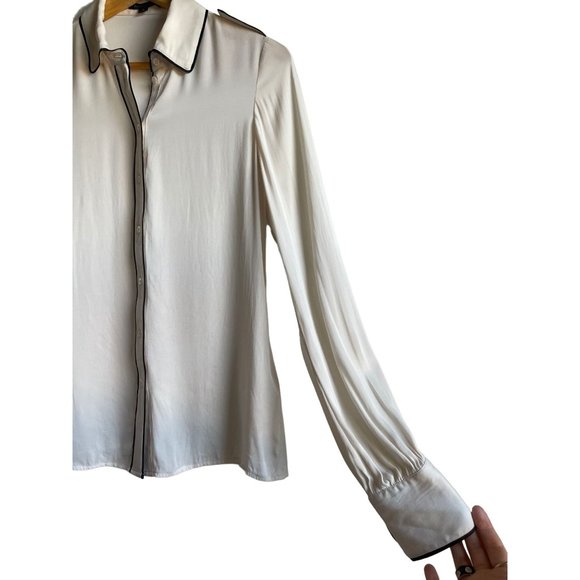 Rachel Zoe Lara Tipped Shirt Size 4 Ivory Cream Silk Blend Button Up Collared - Picture 6 of 9